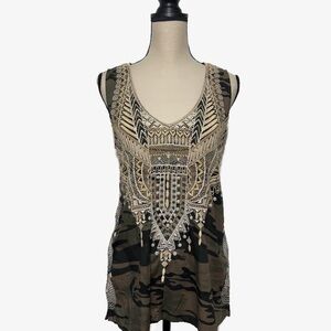 Johnny Was Crochet V Neck Terrazzo and Camo Tank Green Tan Womens size Small